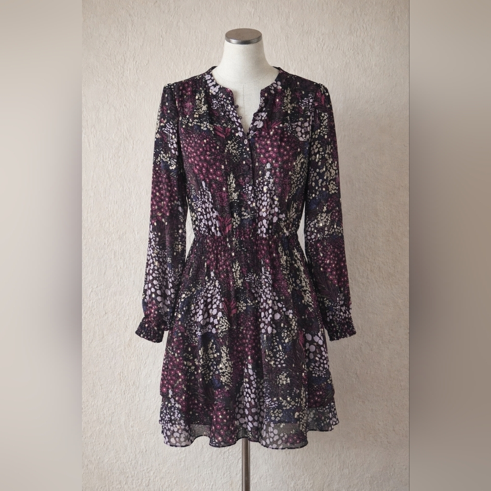 White House Black Market Purple and Black Long Sleeve Floral Dress